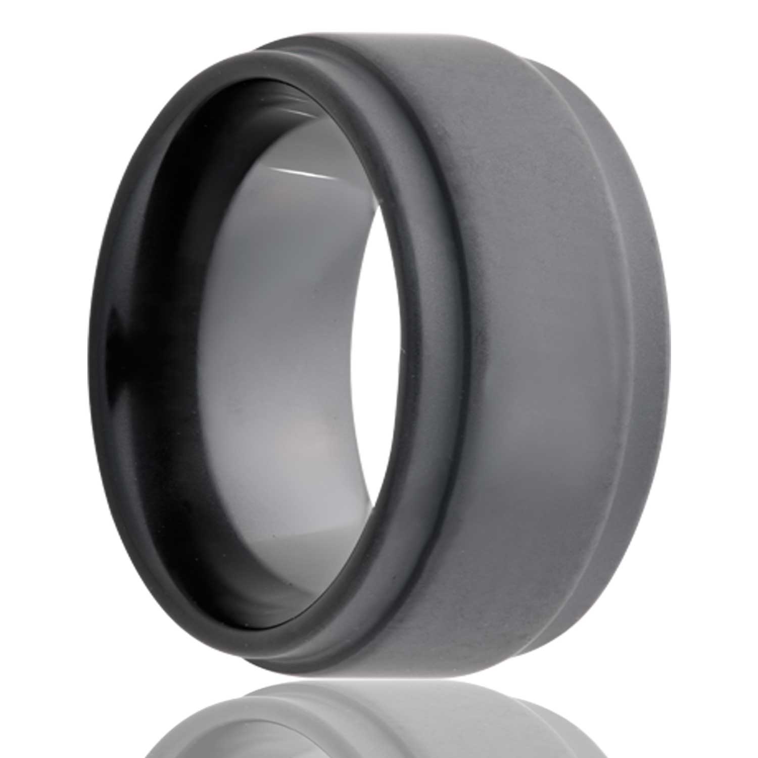 A sandblasted black ceramic men's wedding band with stepped edges displayed on a neutral white background.