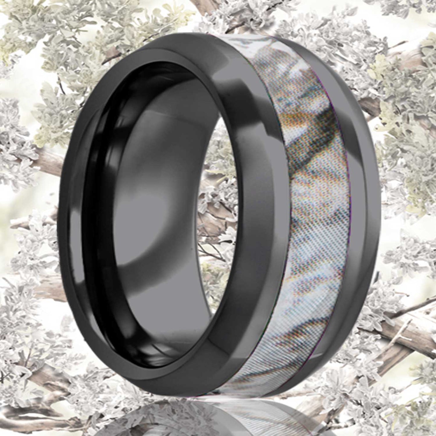 A light camo inlay black ceramic men's wedding band with beveled edges displayed on a neutral white background.