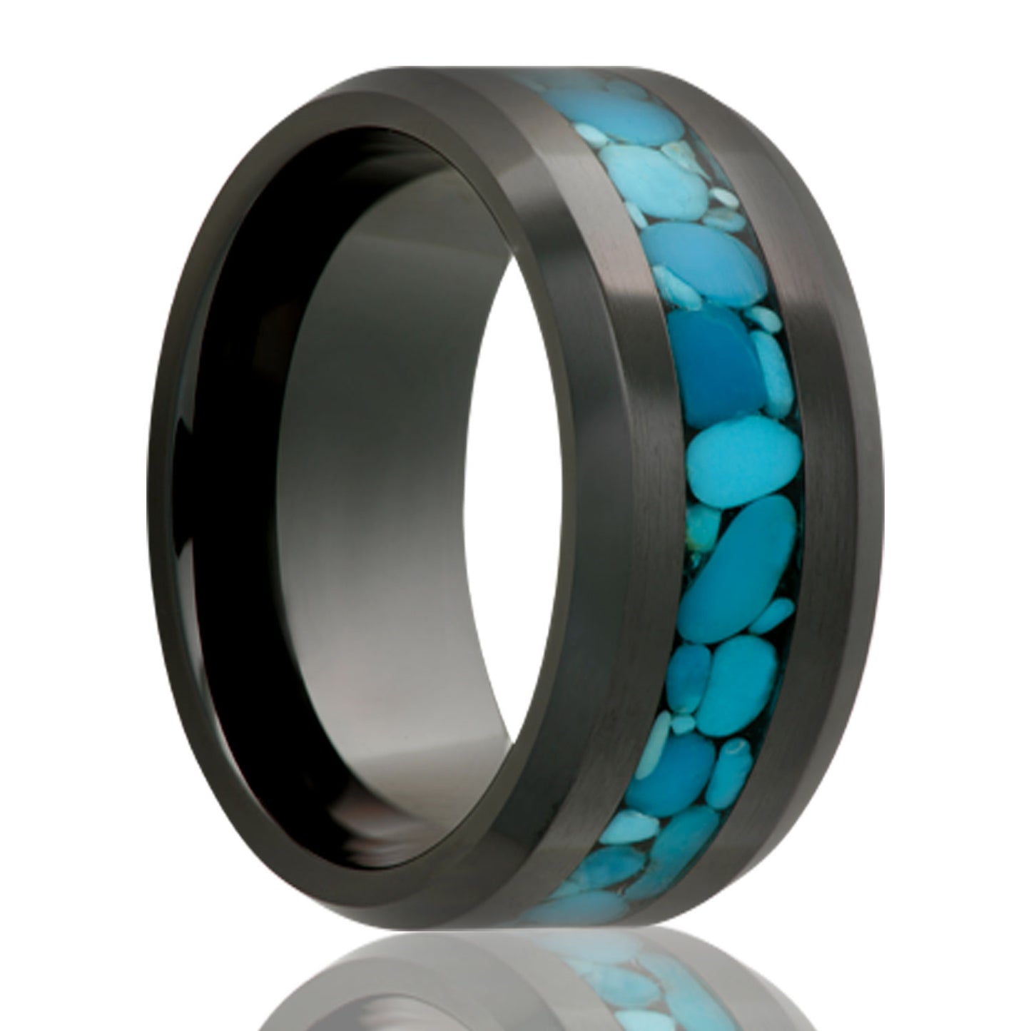 A turquoise stones inlay black ceramic men's wedding band with beveled edges displayed on a neutral white background.