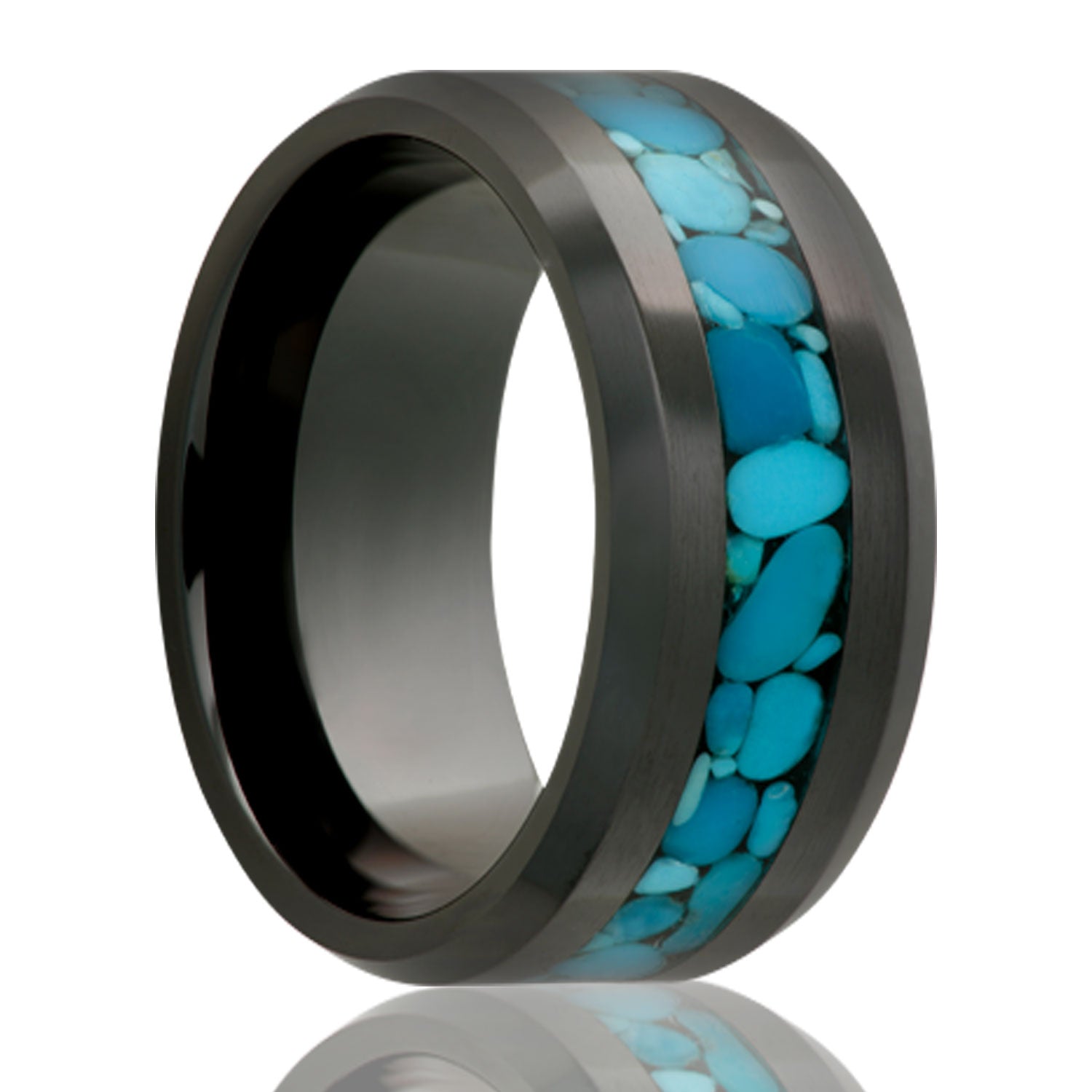 A turquoise stones inlay black ceramic men's wedding band with beveled edges displayed on a neutral white background.