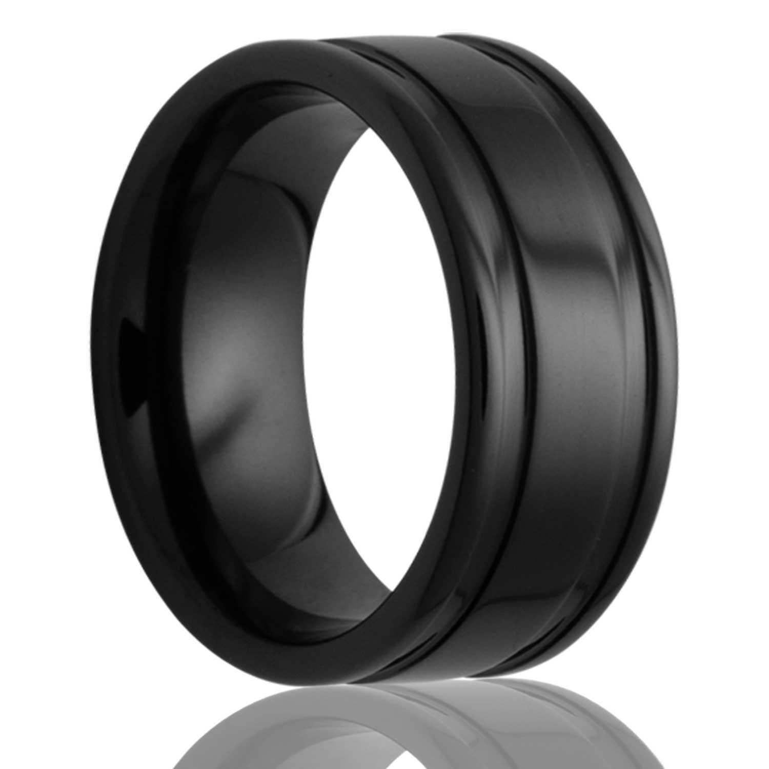 A black ceramic wedding band with grooved edges displayed on a neutral white background.