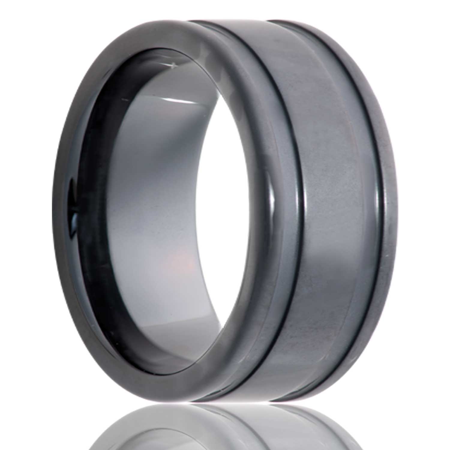A sandblasted dual grooved black ceramic wedding band displayed on a neutral white background.