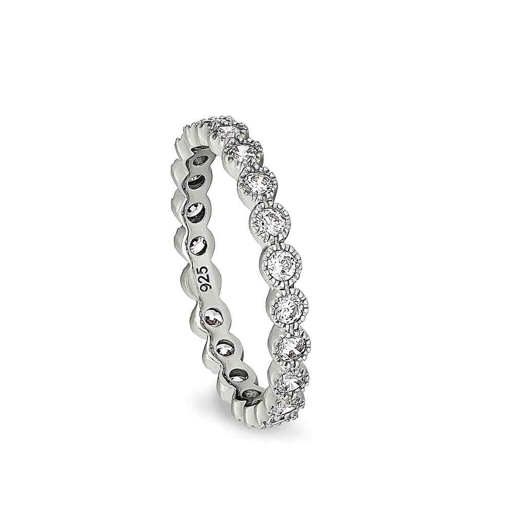 A beaded bezel ring with simulated diamonds displayed on a neutral white background.
