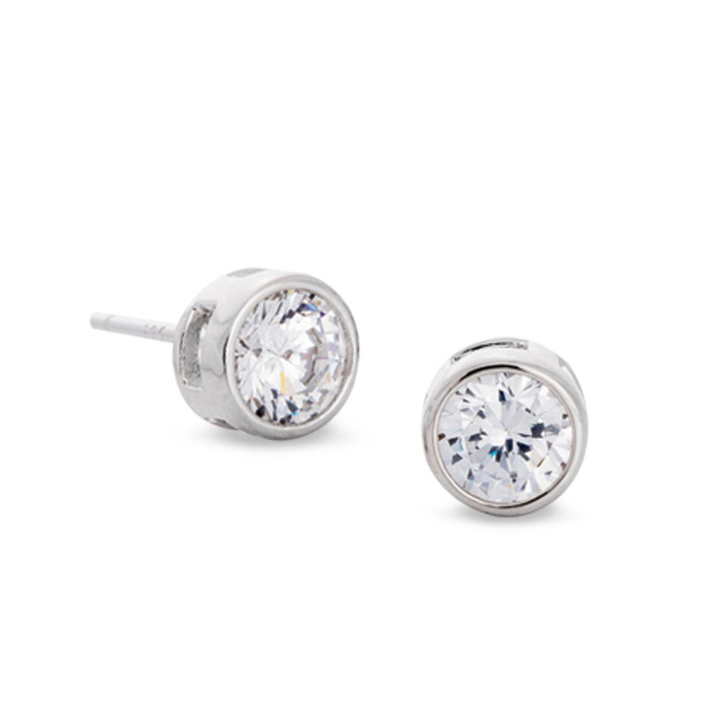 A bezel set 5mm simulated diamond earrings displayed on a neutral white background.