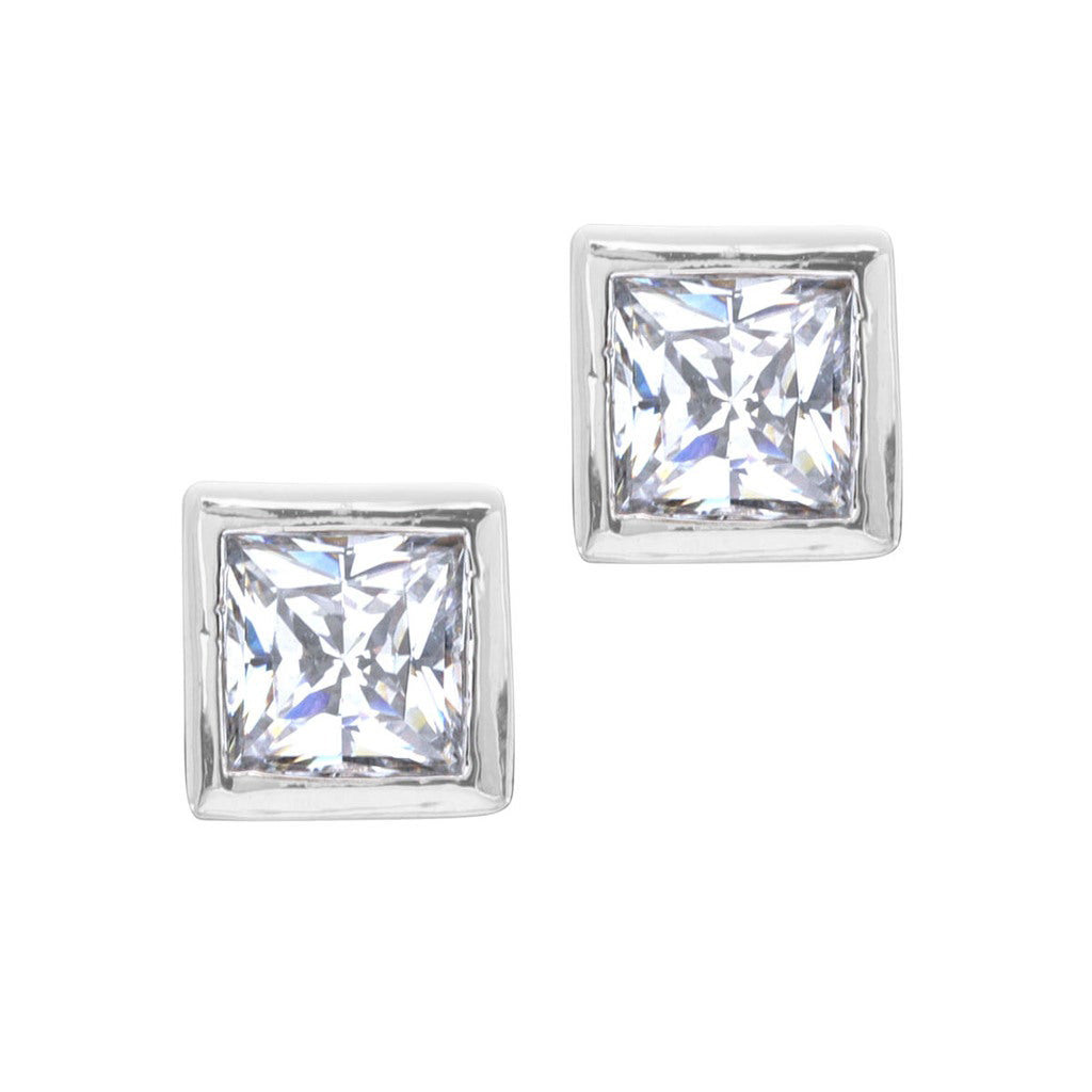 A bezel set princess cut simulated diamond earrings displayed on a neutral white background.