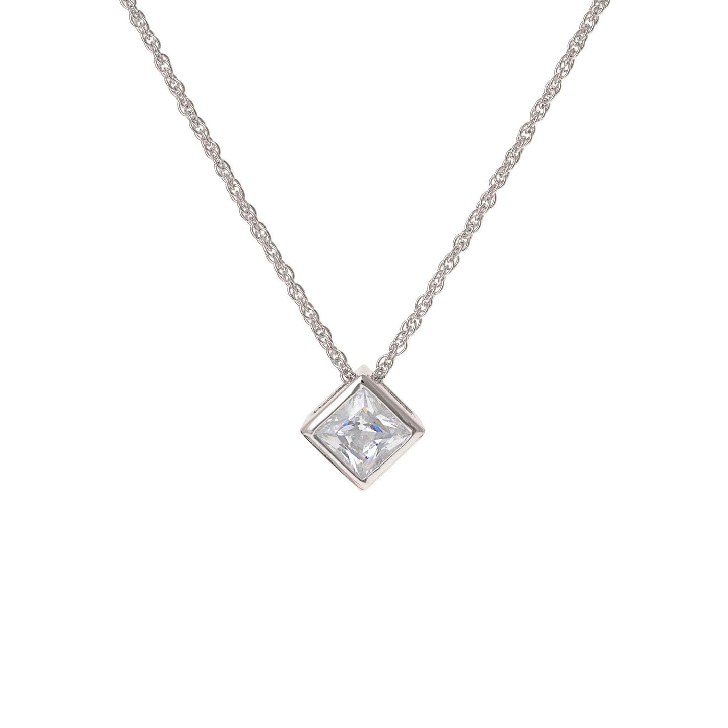 A bezel set princess cut simulated diamond necklace displayed on a neutral white background.