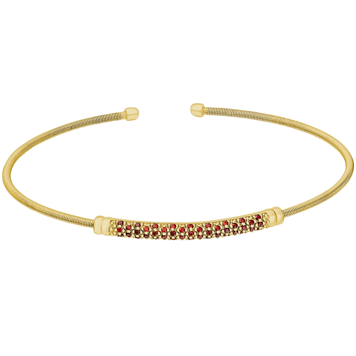 A birthstone flexible cable bracelet with simulated gemstones displayed on a neutral white background.
