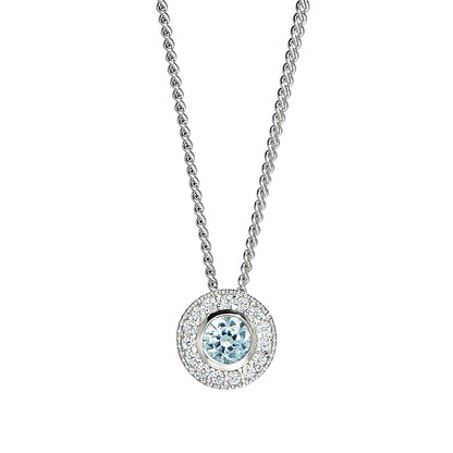A birthstone halo-style necklace with simulated diamonds displayed on a neutral white background.