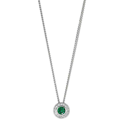 A birthstone halo-style necklace with simulated diamonds displayed on a neutral white background.