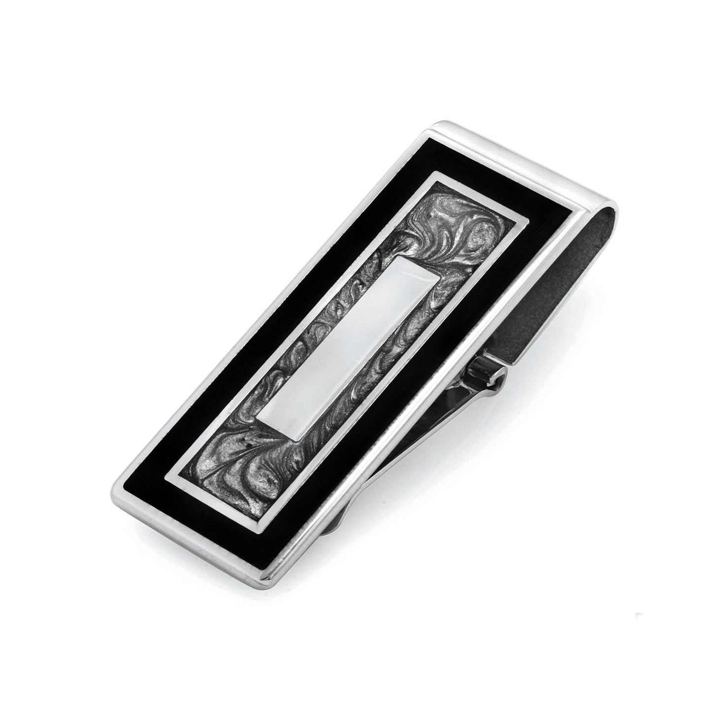 A black and grey hinged money clip displayed on a neutral white background.
