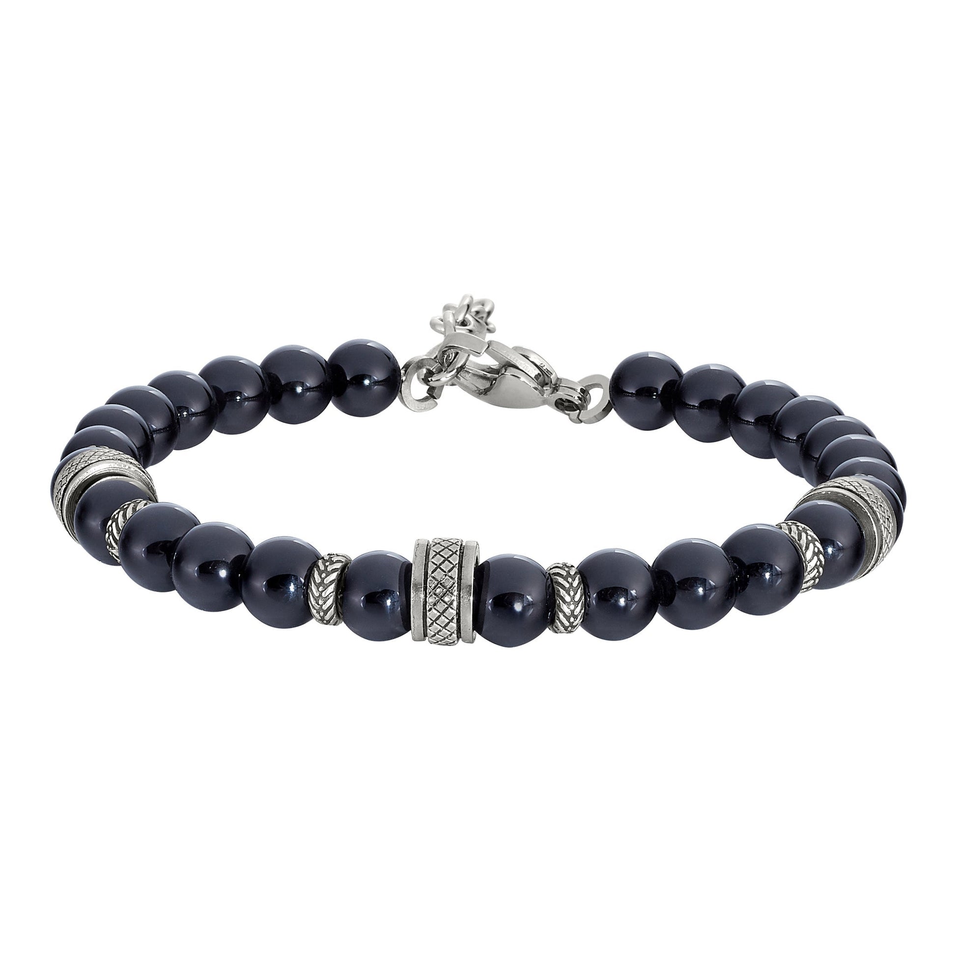 A black stone beaded bracelet with 3 stainless steel accents displayed on a neutral white background.