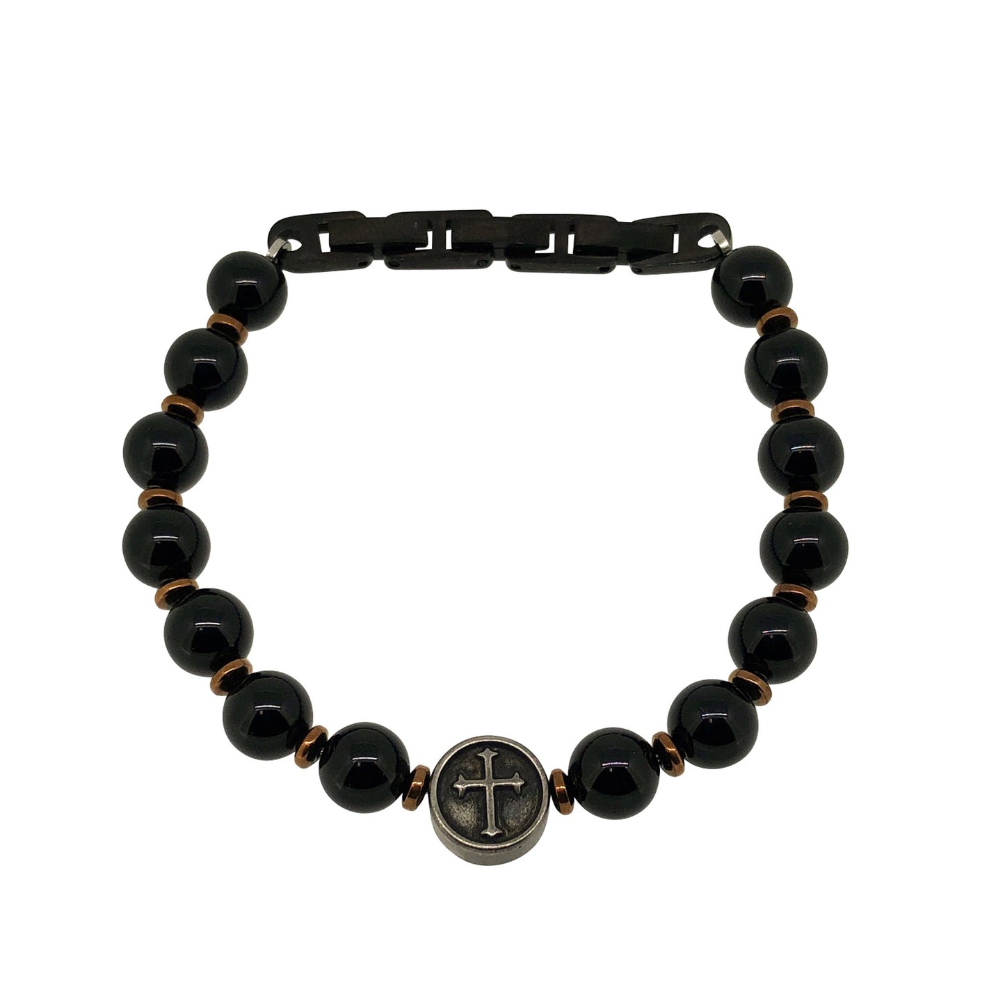 A black beaded stone bracelet with stainless steel cross displayed on a neutral white background.