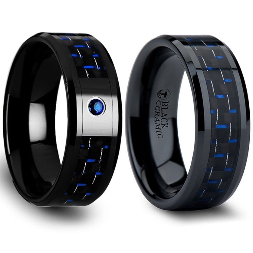 Black & Blue Carbon Fiber Inlaid Black Ceramic Couple's Matching Wedding Band Set