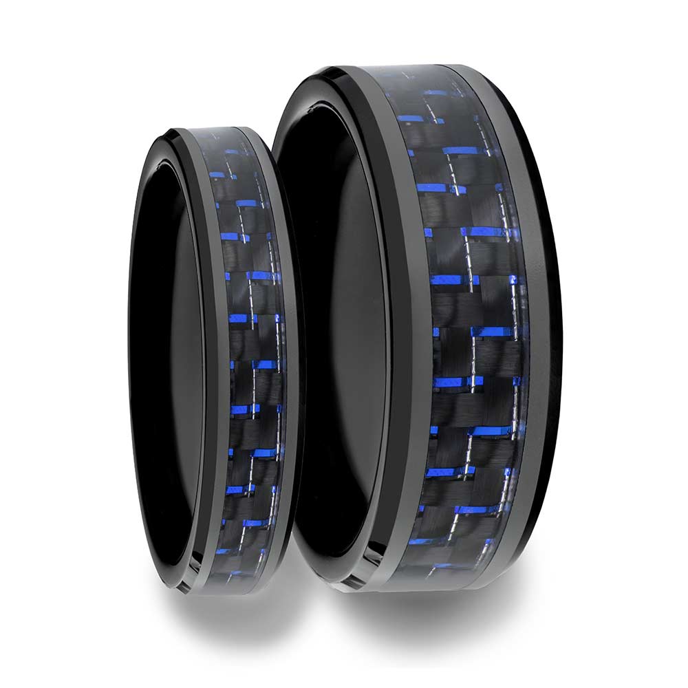 Black & Blue Carbon Fiber Inlaid Ceramic Couple's Matching Wedding Band Set