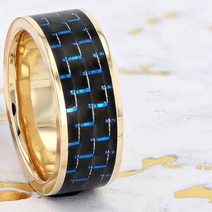 Black & Blue Carbon Fiber Inlay 14k Yellow Gold Men's Wedding Band