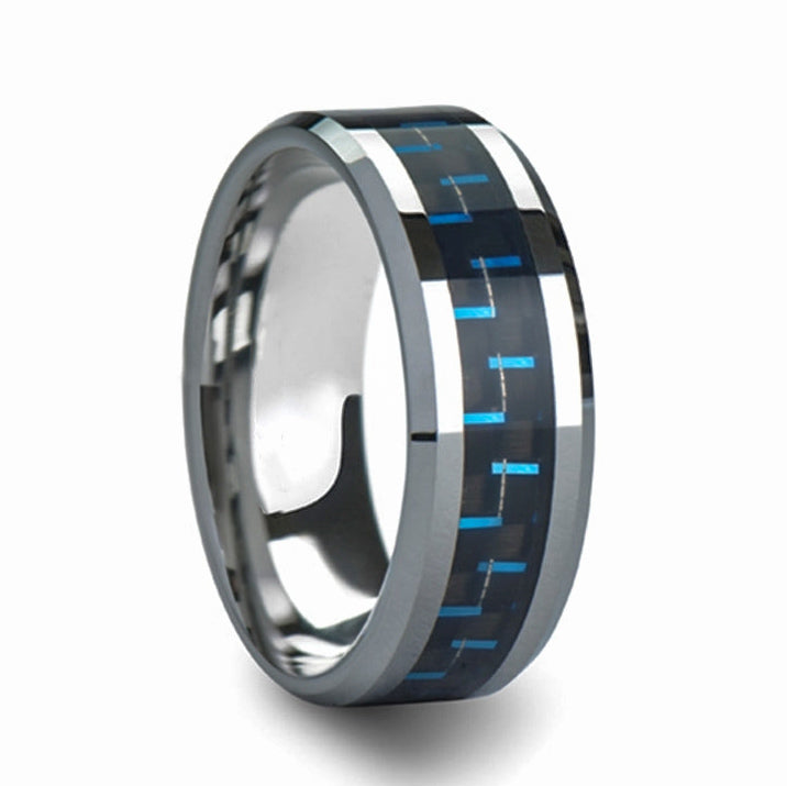 Black & Blue Carbon Fiber Inlay Tungsten Couple's Matching Wedding Band Set