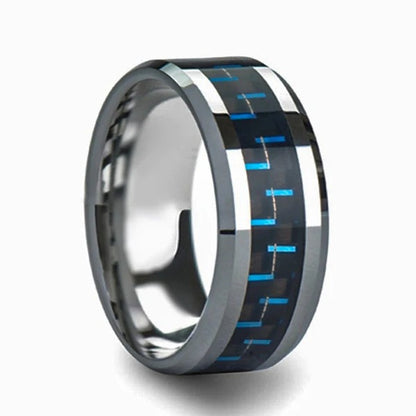 Juego de alianzas de boda a juego para parejas de tungsteno con incrustaciones de fibra de carbono en negro y azul con zafiro