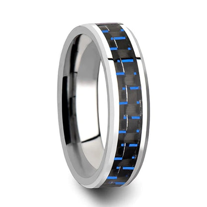 Black & Blue Carbon Fiber Inlay Tungsten Couple's Matching Wedding Band Set with Sapphire