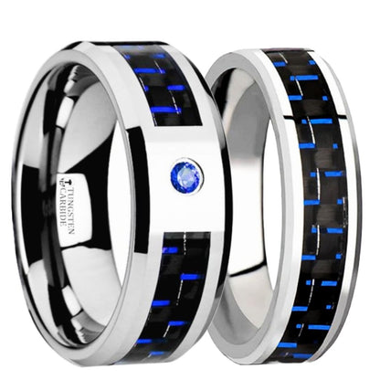 Black & Blue Carbon Fiber Inlay Tungsten Couple's Matching Wedding Band Set with Sapphire