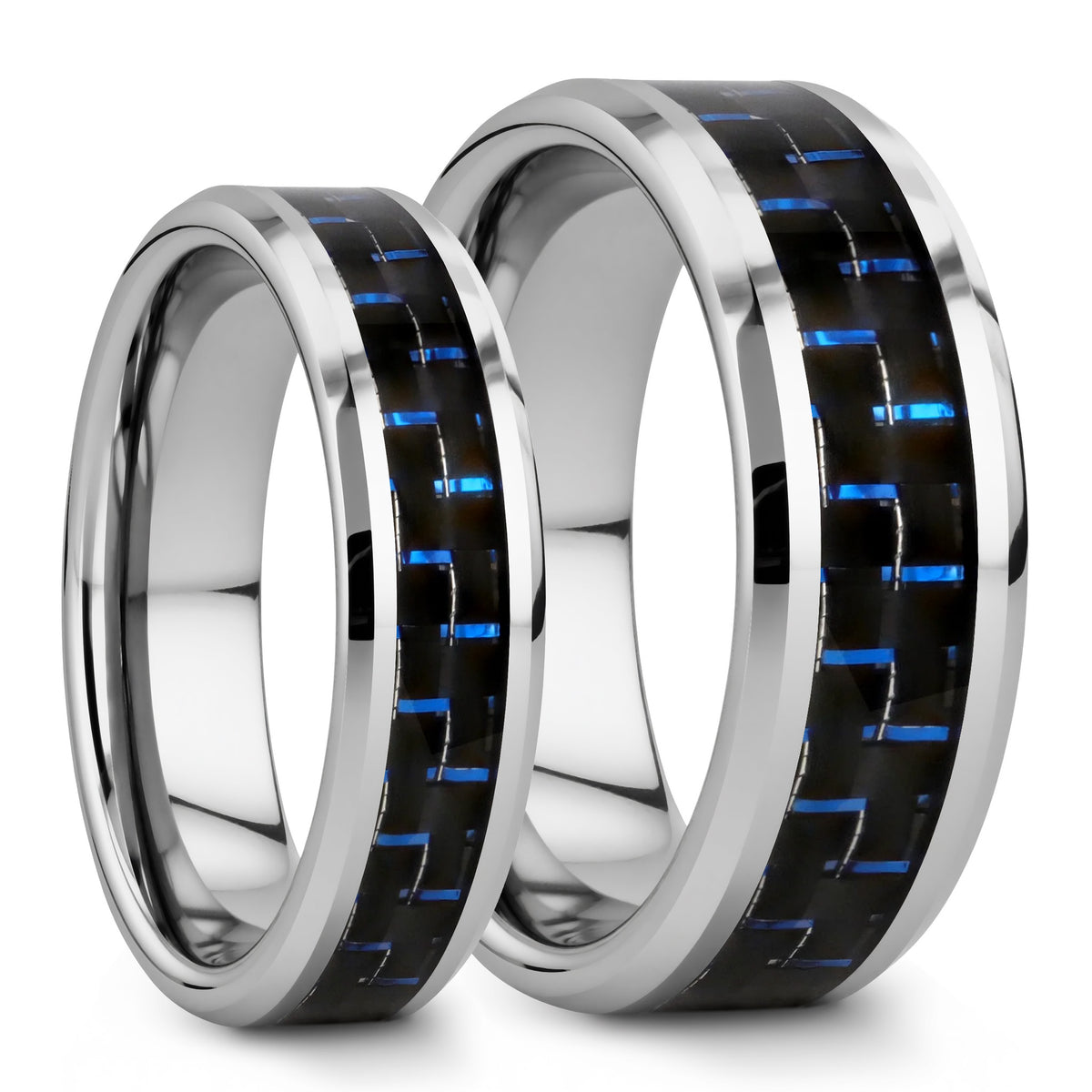 Black & Blue Carbon Fiber Inlay Tungsten Couple's Matching Wedding Band Set