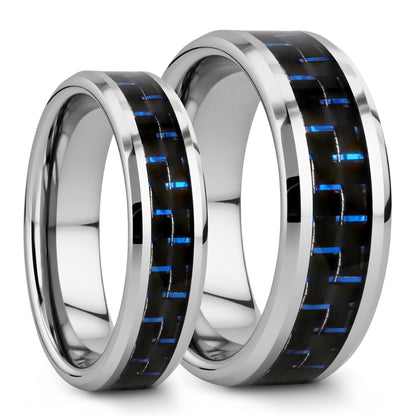 Black & Blue Carbon Fiber Inlay Tungsten Couple's Matching Wedding Band Set