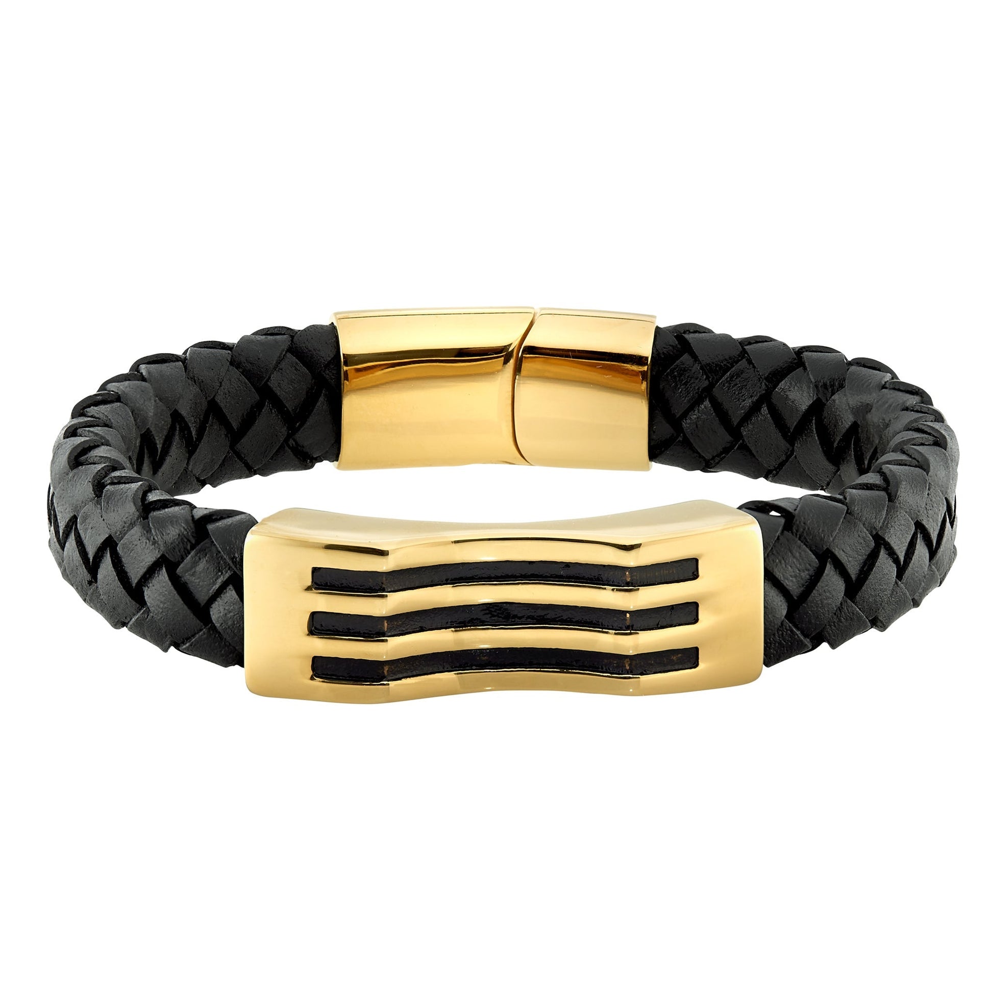 A black braided leather stainless steel with gold bar and black lines bracelet displayed on a neutral white background.
