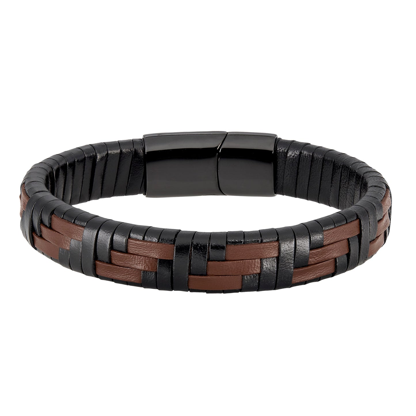 A black & brown basket weave leather & stainless steel bracelet displayed on a neutral white background.