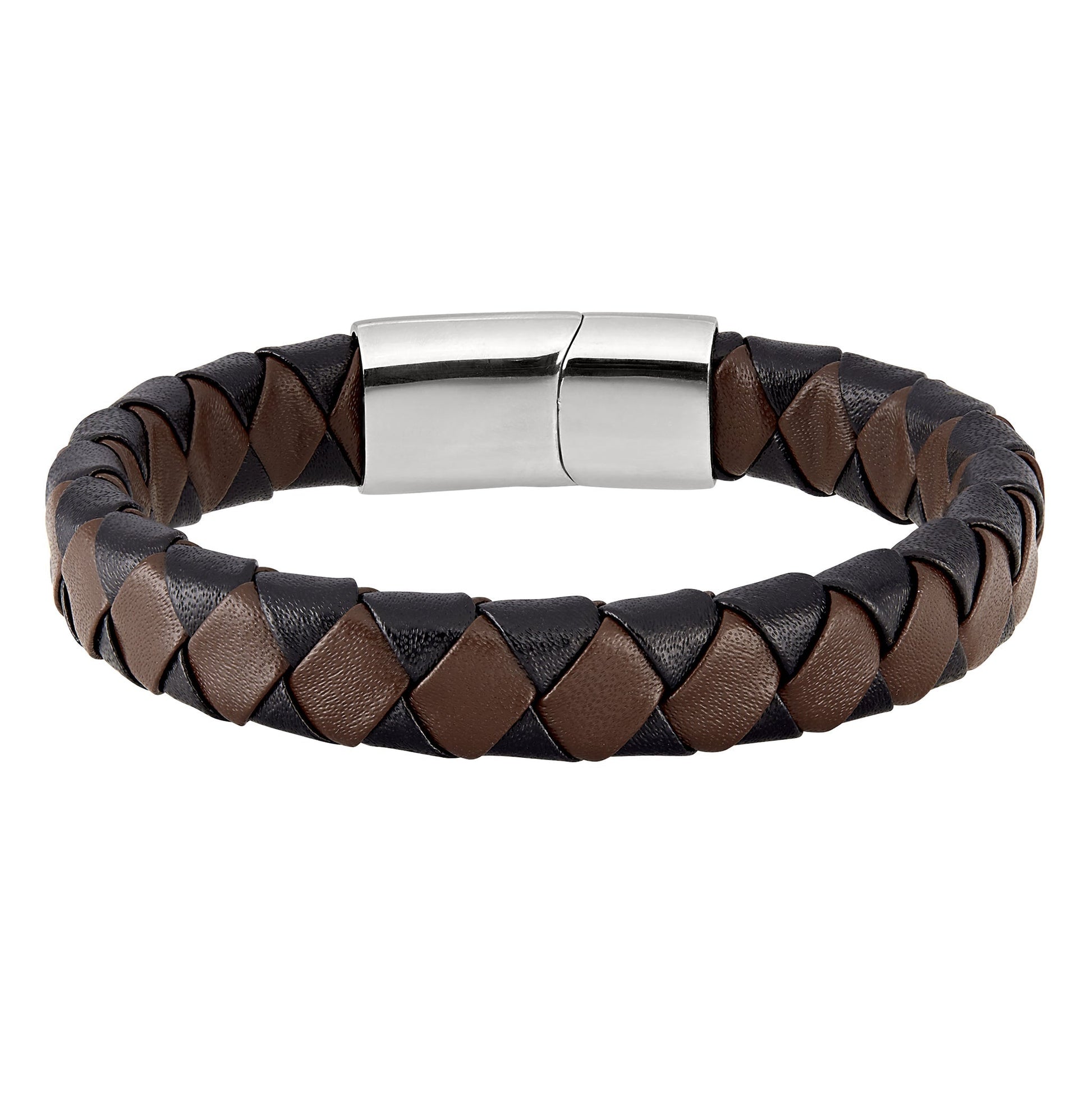 A black & brown braided leather stainless steel bracelet displayed on a neutral white background.