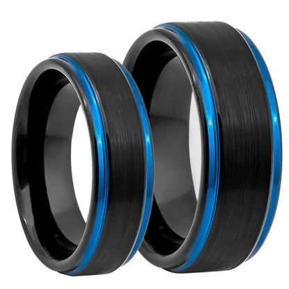 Black Brushed Tungsten Couple's Matching Wedding Band Set with Blue Edges
