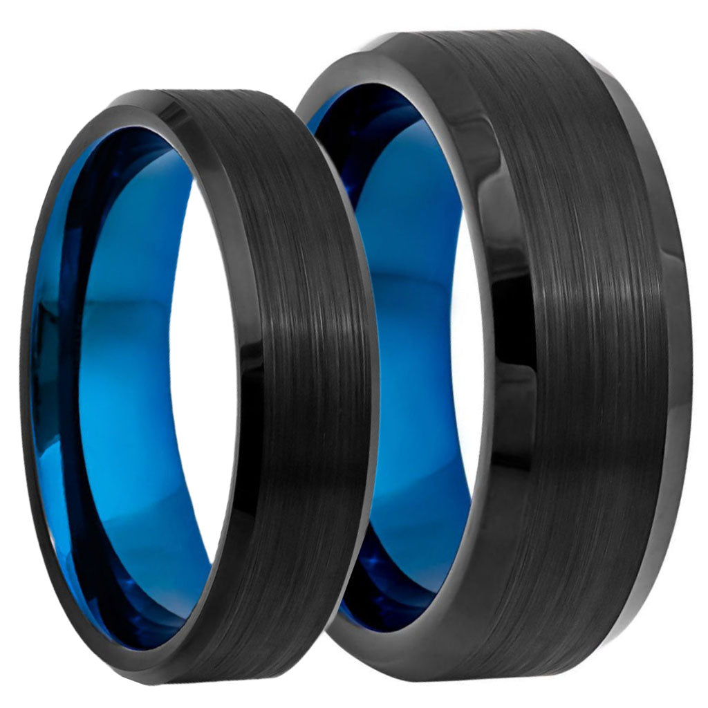 Black Brushed Tungsten Couple's Matching Wedding Band Set with Blue Interior