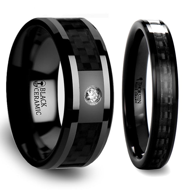 Black Carbon Fiber Inlaid Black Ceramic Couple's Matching Wedding Band Set