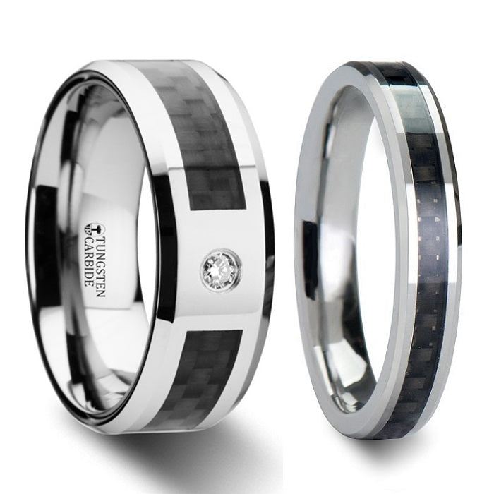 Black Carbon Fiber Inlaid Tungsten Couple's Matching Wedding Band Set