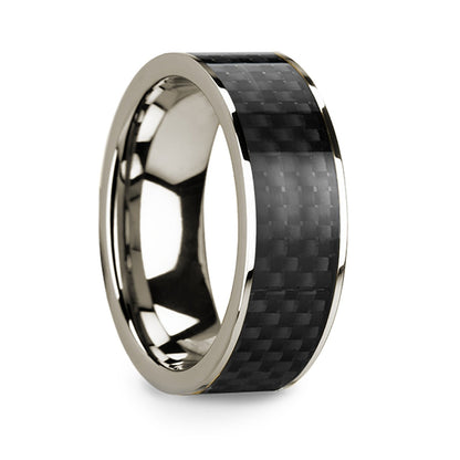 Black Carbon Fiber Inlay 14k White Gold Men's Wedding Band