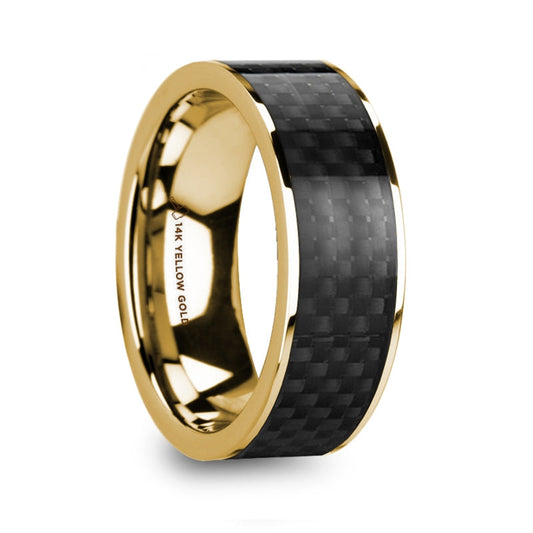 Black Carbon Fiber Inlay 14k Yellow Gold Men's Wedding Band