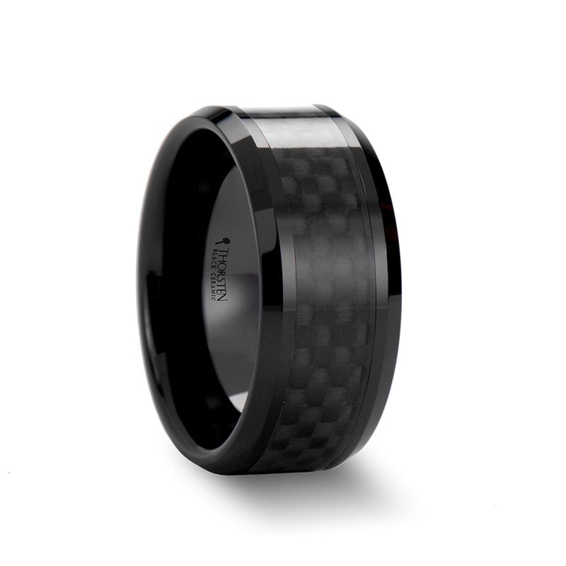 Black Carbon Fiber Inlay Black Ceramic Couple's Matching Wedding Band Set