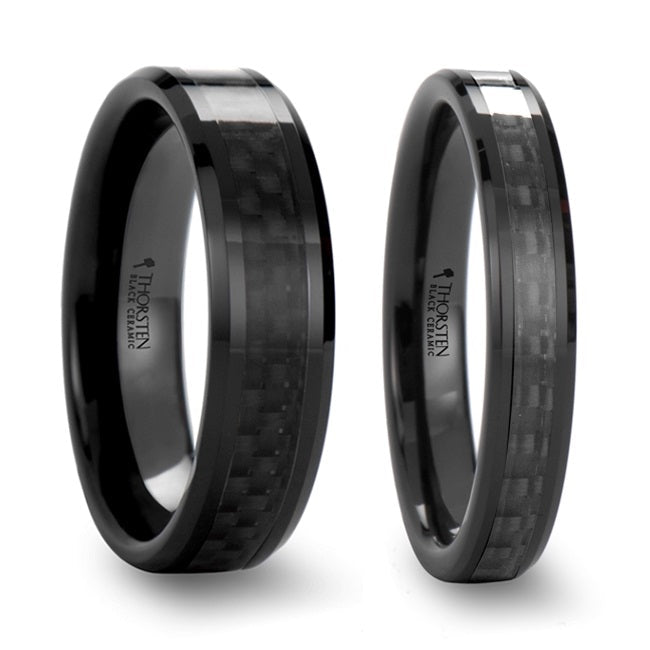 Black Carbon Fiber Inlay Ceramic Couple's Matching Wedding Band Set