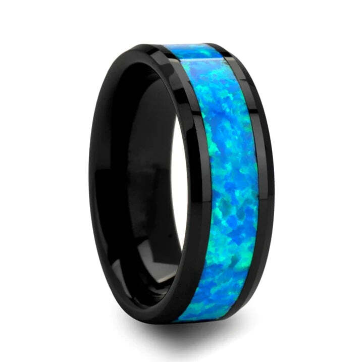 Black Ceramic Couple's Matching Wedding Band Set with Blue & Green Opal Inlay