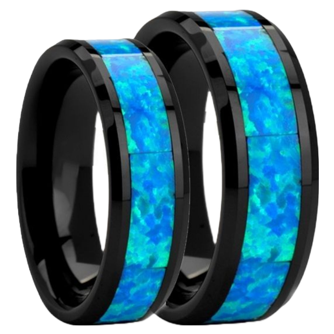 Black Ceramic Couple's Matching Wedding Band Set with Blue & Green Opal Inlay