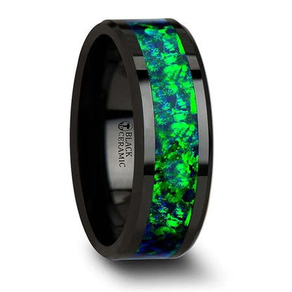 Black Ceramic Couple's Matching Wedding Band Set with Green & Blue Opal Inlay