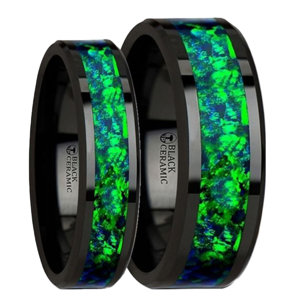 Black Ceramic Couple's Matching Wedding Band Set with Green & Blue Opal Inlay