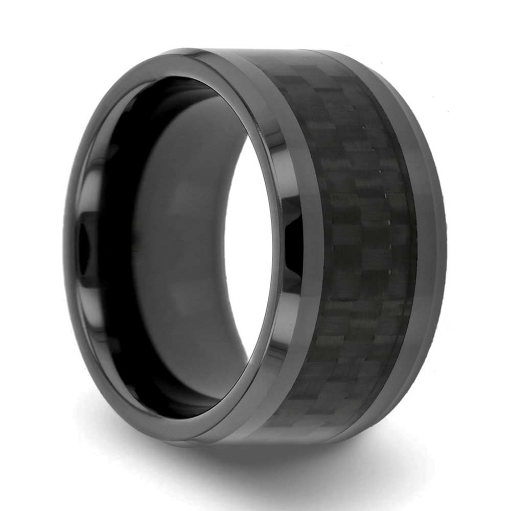 Black Ceramic Men's Wedding Band with Black Carbon Fiber Inlay