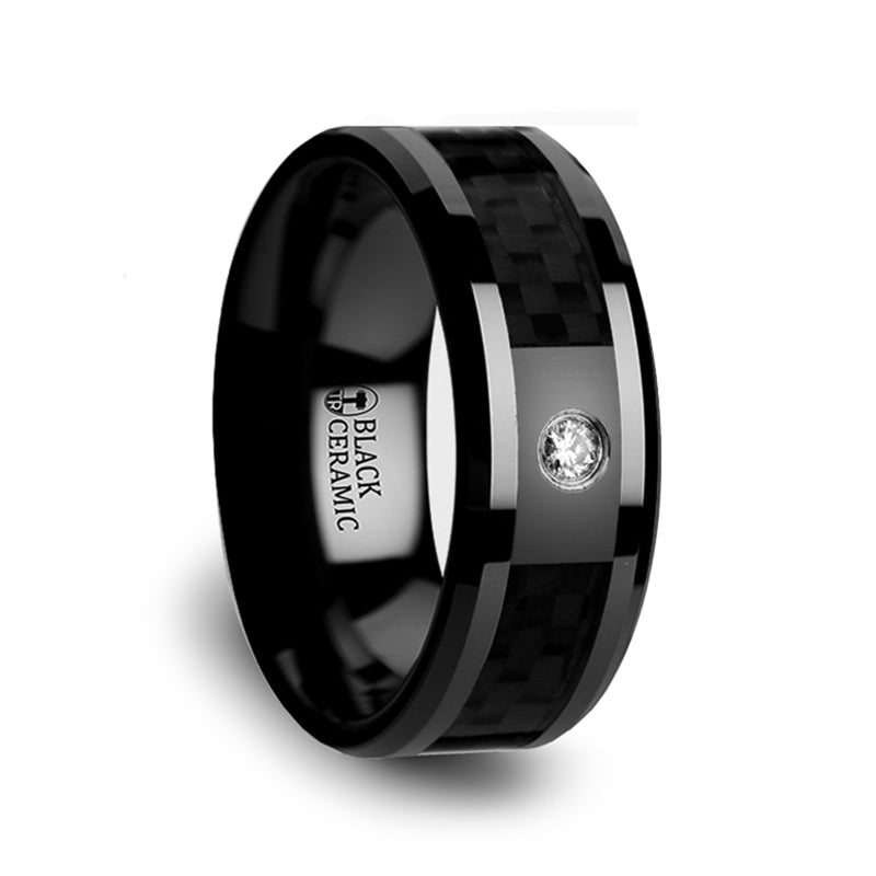 Black Ceramic Men's Wedding Band with Black Carbon Fiber Inlay & Diamond