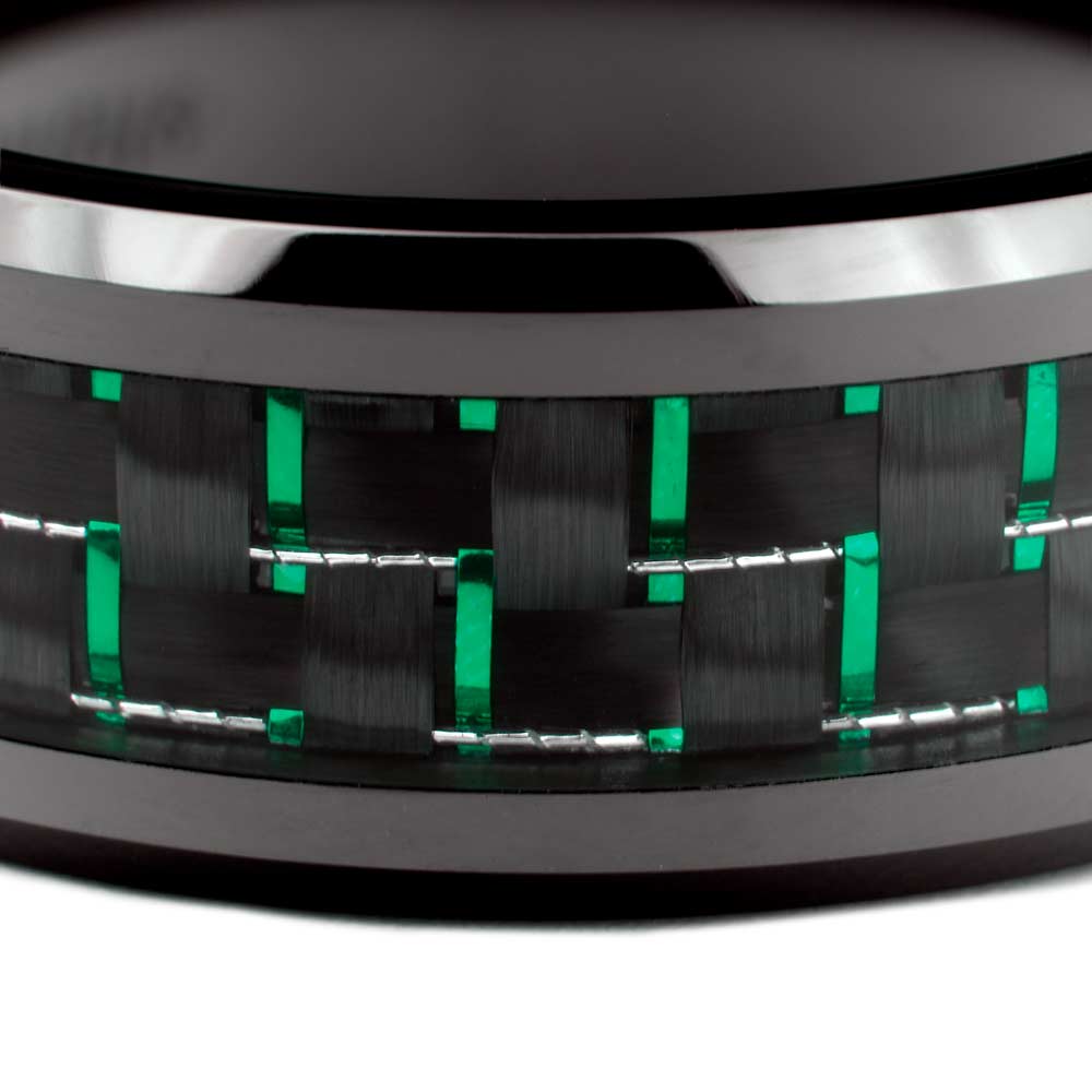 Black Ceramic Men's Wedding Band with Black & Green Carbon Fiber Inlay