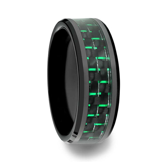 Black Ceramic Men's Wedding Band with Black & Green Carbon Fiber Inlay