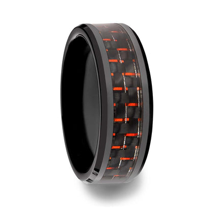 Black Ceramic Men's Wedding Band with Black & Red Carbon Fiber Inlay