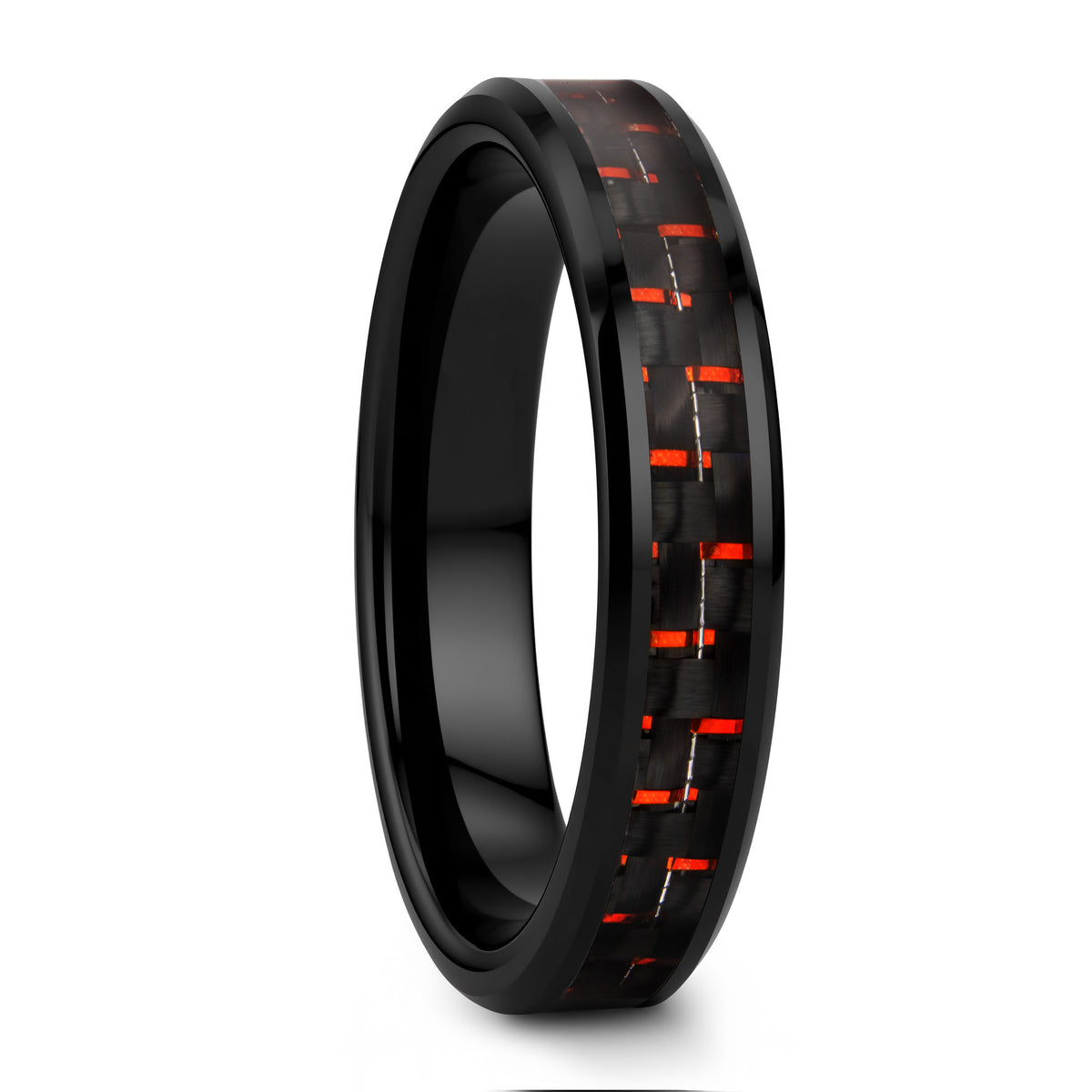 Black Ceramic Men's Wedding Band with Black & Red Carbon Fiber Inlay
