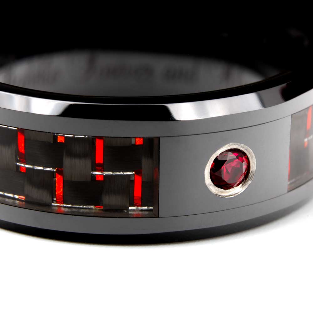 Black Ceramic Men's Wedding Band with Black & Red Carbon Fiber Inlay and Ruby