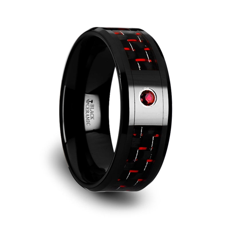 Black Ceramic Men's Wedding Band with Black & Red Carbon Fiber Inlay and Ruby