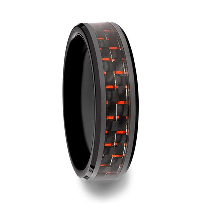 Black Ceramic Men's Wedding Band with Black & Red Carbon Fiber Inlay