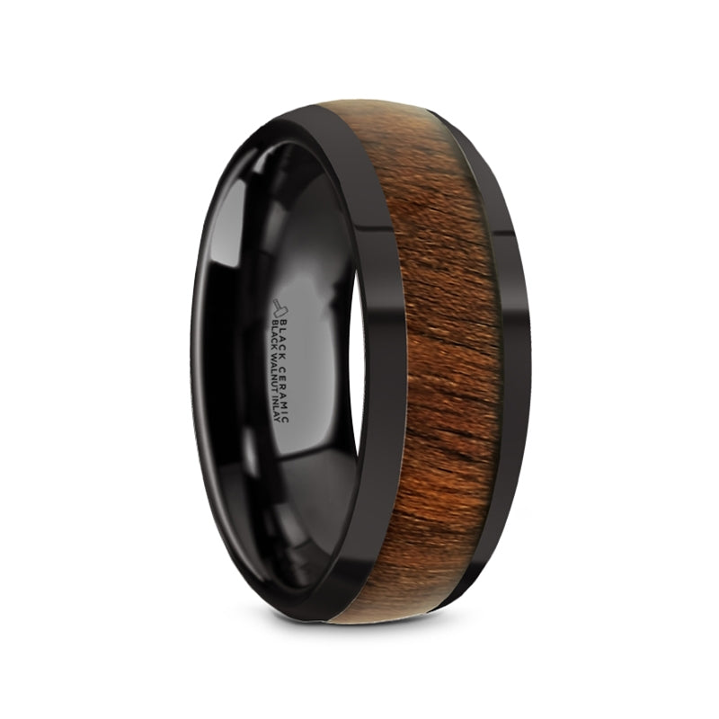 Black Ceramic Men's Wedding Band with Black Walnut Inlay